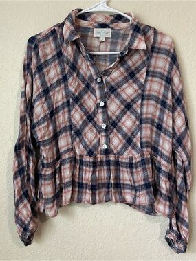 Navy and Rust Plaid Button-Down Peplum Shirt